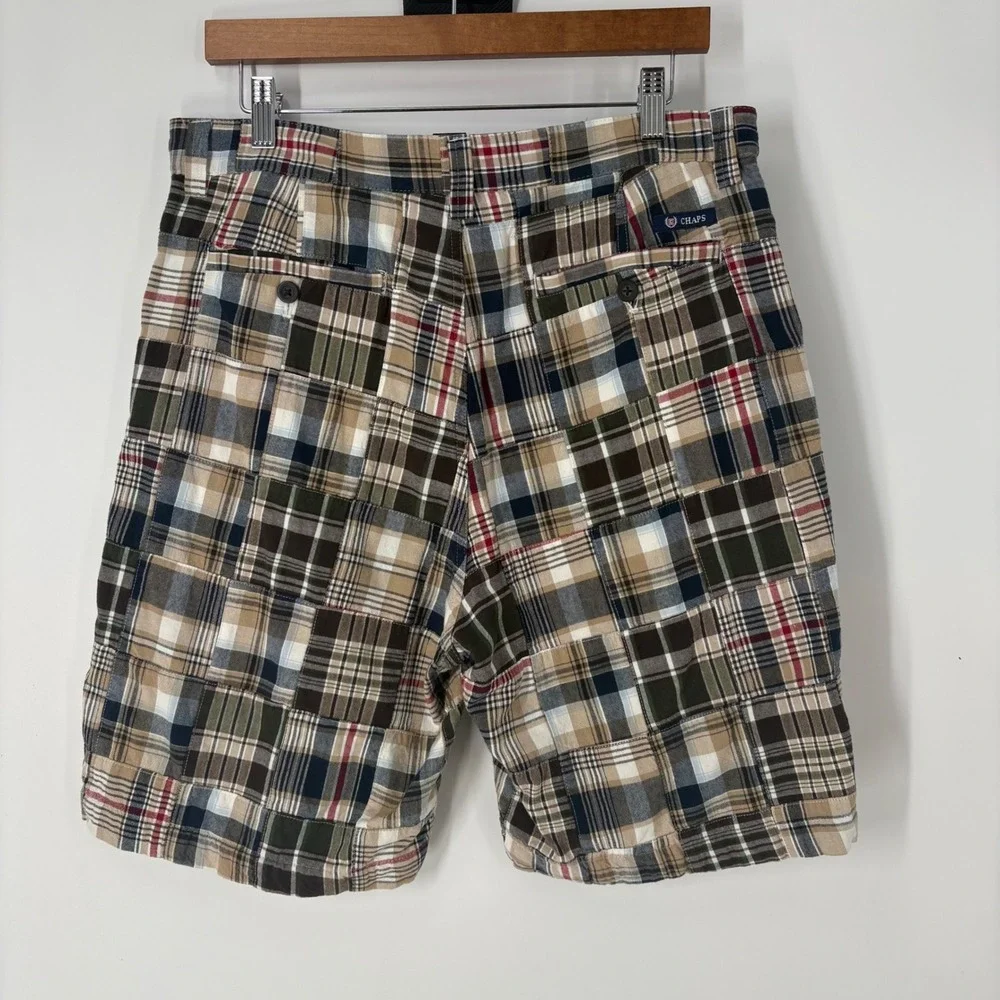 Chaps Mens Patchwork Plaid Shorts Brown Navy Blue Cotton Flat Front Size 33